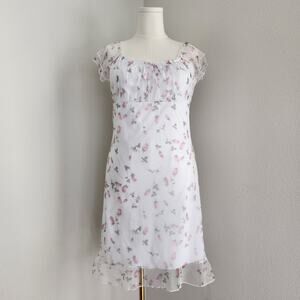 Vintage 90s White Pink Floral Empire Waist Flutter Sleeve Knee Length Dress L